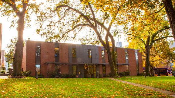 Crawford Music Building on the Seattle Pacific University campus in the fall.